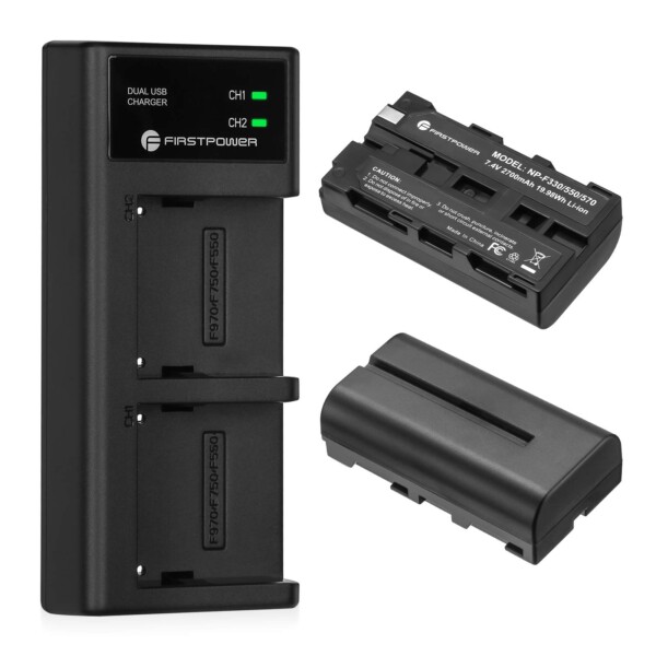 FirstPower NP-F550 - Paquete de 2 baterías y cargador USB de doble ranura compatible con Sony NP F570, F550, F530, F970, F960, F770, F750, F330, CCD-SC55, TR516, TR716, TR818, TR910, TR917 | Tuloimportas.com