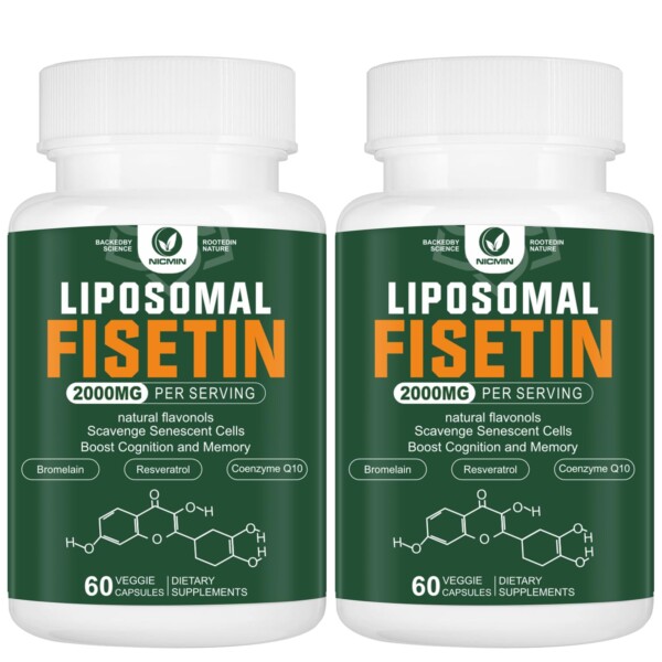 NICMIN Suplemento de fisetina liposomal, 2000 mg, 98% antioxidantes de polifenoles de fisetina pura, con quercetina, TMG y resveratrol, para un envejecimiento saludable, apoyo cognitivo, 120 cápsulas