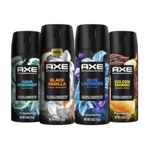 Axe Fine Fragrance Collection Body Body Body Spray para hombres - Paquete de variedades - Lavanda azul, Aqua Bergamot, Golden Mango y Black Vanilla - Paquete de 4 72h Protección de olor, sin aluminio, 4 oz | Tuloimportas.com