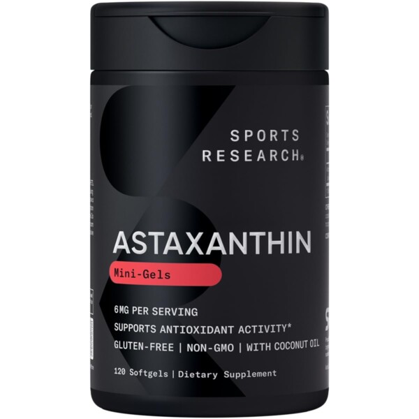 Suplemento de astaxantina de triple fuerza de investigación deportiva (6 mg) con aceite de coco orgánico para la actividad antioxidante, soporte de salud y ojo de la piel - no GMO verificado y sin gluten - 120 Softgels
