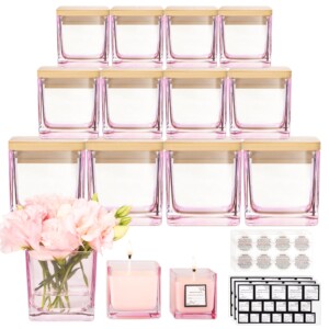 Connowo 15 Pack 9 ooz, 3 oz, 2 oz de frascos de velas cuadradas rosas para hacer velas, recipientes de vela vacío de vidrio grueso con párpados de bambú herméticos para la fabricación de velas, etiquetas advertencias pegajosas - lavavajillas seguras | Tuloimportas.com