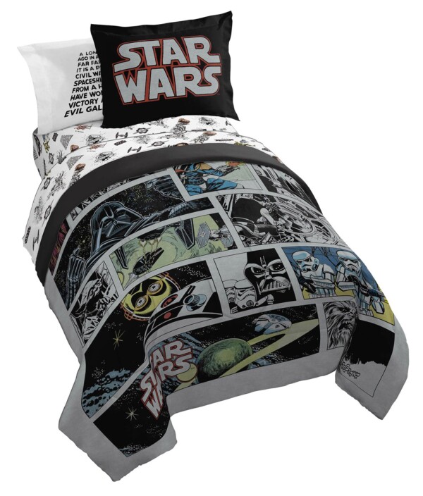 Jay Franco Star Wars Comic Book Tamaño gemelo Juego de edredón - La ropa de cama de 5 piezas incluye sábanas y cubiertas de almohadas - ropa de cama para niños súper suave y acogedor