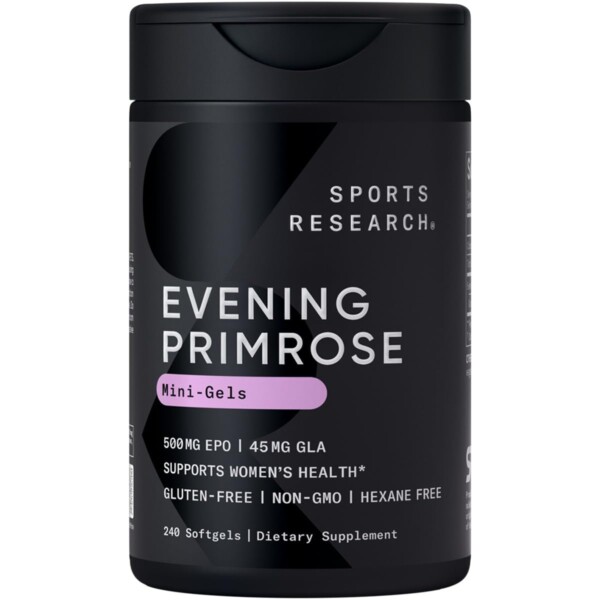 Investigación deportiva Evening Primrose Oil (500 mg) Prensado en frío sin rellenos ni ingredientes artificiales, no probado por OGM-Gluten y Soy (240 Softgels Liquid Softgels)