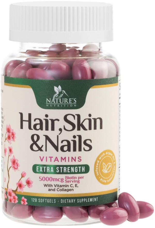 Vitaminas del cabello Mujeres, ultra fortaleza 5000mcg biotina, colágeno, paba y más - crecimiento del cabello para mujeres, suplemento de soporte para la piel, las uñas y la queratina, infundido con aceite de argán y ácido hialurónico, no GMO - 120 gimas