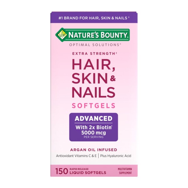 Nature's Bounty Advanced Hair, Skin & Nails, Suplemento de vitaminas con argán con biotina y ácido hialurónico, 150 Gases blandas de liberación rápida, 50 porciones totales