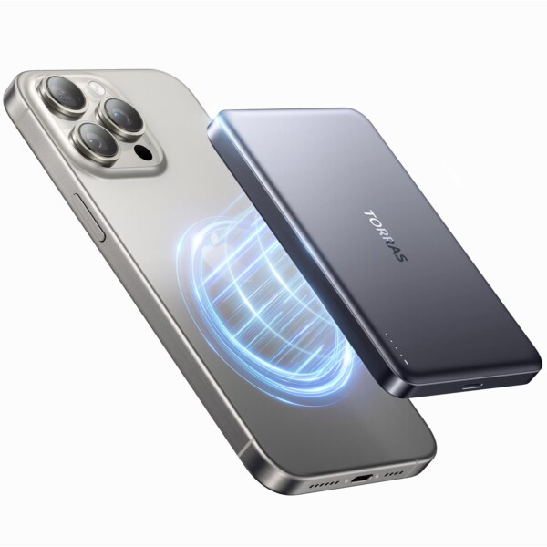 Torras Minimag Power Bank, cargador portátil inalámbrico magnético ultra-deslizamiento de 10,000má, cargador portátil magnético, 22,5W de carga rápida con cable USB-C diseñado para iPhone 16 Pro Max/16 Pro/16/15/14/11, Glacier Gray
