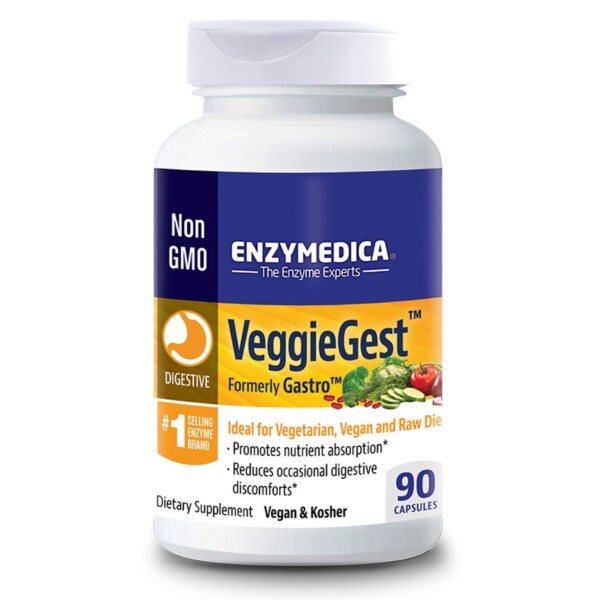 Enzymedica Veggie más enzimas digestivas para dietas veganas, vegetarianas y crudas, evita gas e hinchazón, 90 cápsulas (FFP)