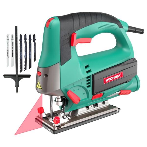 Hychika Jig Saw, 6,7a Jig Saw 800-3000spm con 6 velocidades variables, 4 juegos orbitales, ángulo de bisel 45 °, 6 piezas de cuchillas, motor de cobre puro, guía láser, corte de plástico de metal de madera