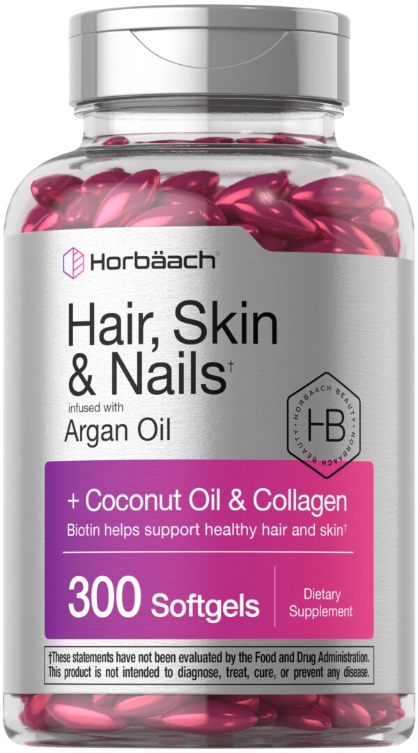 Horbäach Hair Piel y uñas Vitaminas | 300 Softgels | con biotina y colágeno | Infundido con aceite de argán y aceite de coco | Suplemento sin OGM, sin gluten