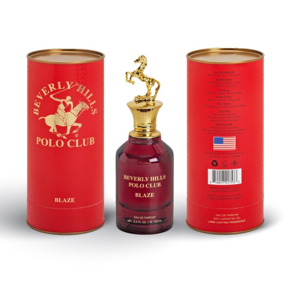 Beverly Hills Polo Club Blaze 3,4oz Eau de Parfum - Caja de cilindro de fragancia de larga duración (tapa de caballo de metal)