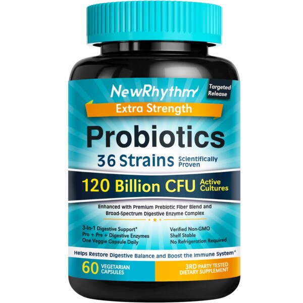 Newrhythm Probióticos 120 mil millones de cepas 36, probióticos 3 en 1 para salud digestiva y apoyo inmune con prebióticos y enzimas, probioticos para mujeres y hombres, liberación dirigida, 60 gorras vegetarianas