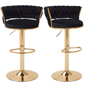 Taburetes de barra de vecelo juego de 2, taburetes de altura de mostrador ajustables con espalda y brazo, taburetes de la isla de cocina de terciopelo con pierna y base de metal dorado, silla de bar giratoria de 360 ​​° para comedor de pubs, negro | Tuloimportas.com