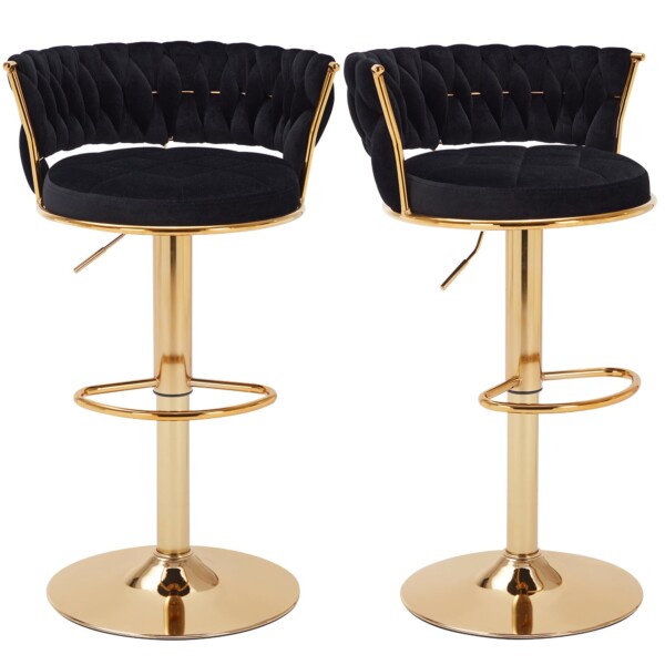 Taburetes de barra de vecelo juego de 2, taburetes de altura de mostrador ajustables con espalda y brazo, taburetes de la isla de cocina de terciopelo con pierna y base de metal dorado, silla de bar giratoria de 360 ​​° para comedor de pubs, negro