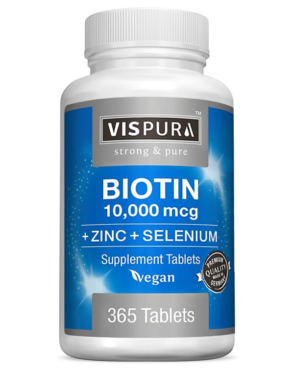 Biotin 10000 McG + Zinc + Selenium, puro, vegano y extra fuerte, mejor suplemento para el crecimiento del cabello, piel brillante, uñas fuertes*, 365 tabletas durante 12 meses, natural sin aditivos