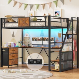 Cama loft de talla gemela de escalera itaar con escritorio y armario en forma de L, marco de cama loft de metal con escaleras de almacenamiento, 3 cajones de tela, luces LED y sación de carga, marrón rústico | Tuloimportas.com
