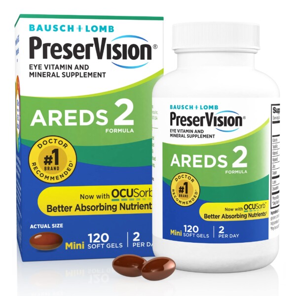 Preservisión AEDS 2 Vitaminas oculares, luteína y suplemento de zeaxantina con vitamina C, vitamina E, zinc y cobre, 120 gimnasios blandos (minigeles)
