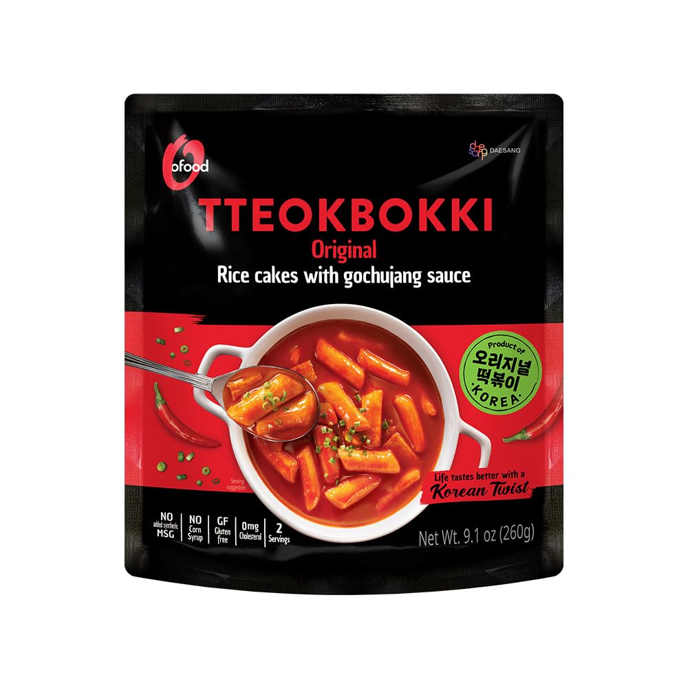 C O'Food original Tteokbokki, pasteles de arroz coreano sin gluten, bocadillo de comida callejera picante auténtica, perfecta con queso y fideos de ramen, listos para comer, sin MSG, sin jarabe de maíz, paquete de 1