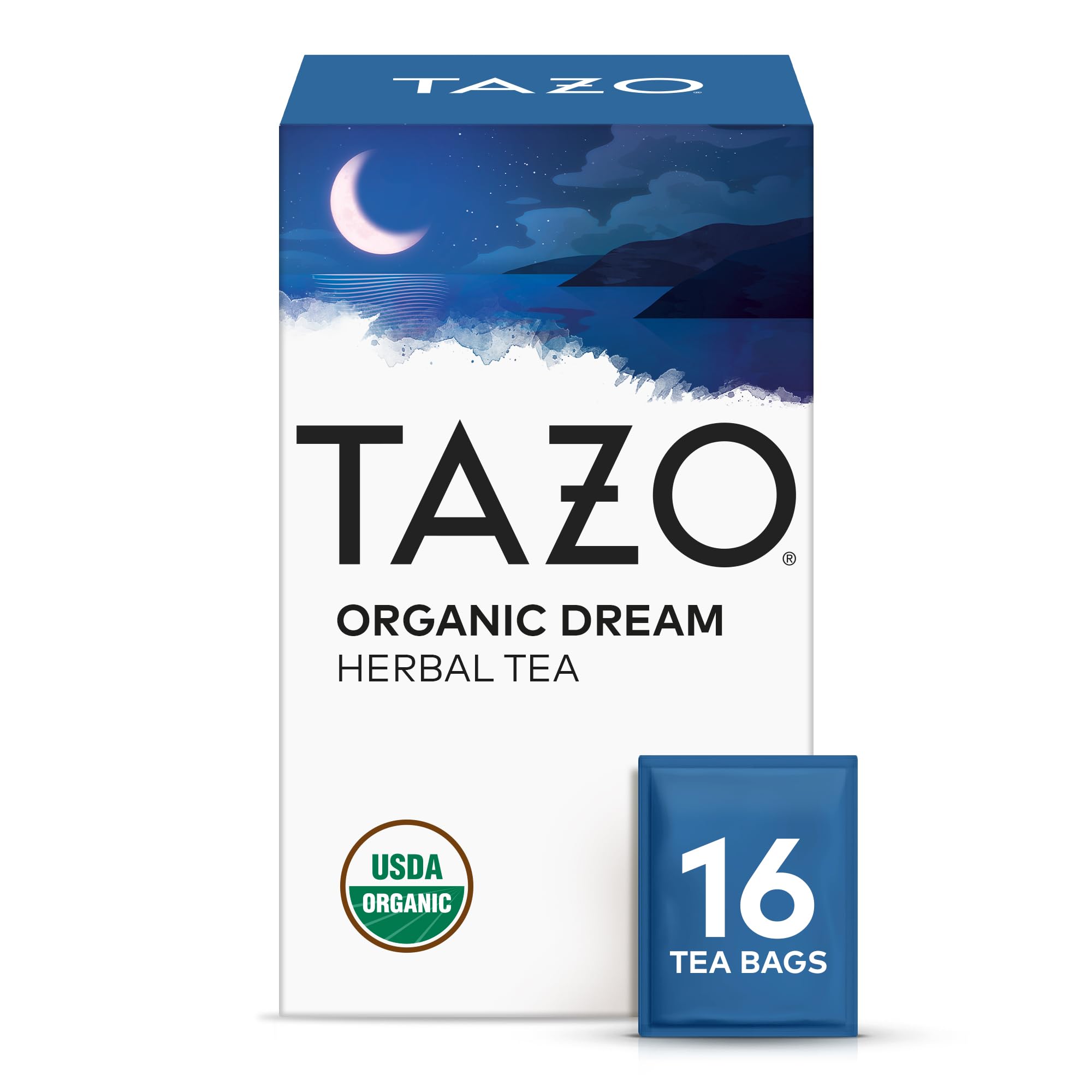 Bolsas de té de hierbas de ensueño orgánico de tazo, té a la hora de acostarse sin cafeína, manzanilla relajante y mezcla de lavanda, 16 bolsas de té totales