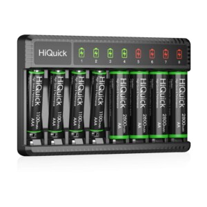 Hiquick 8 Bay Smart Battery Carger con baterías recargables AA y AAA: hogar de carga rápida y baterías de 2800 mAh 4 paquete 1100 mAh | Tuloimportas.com