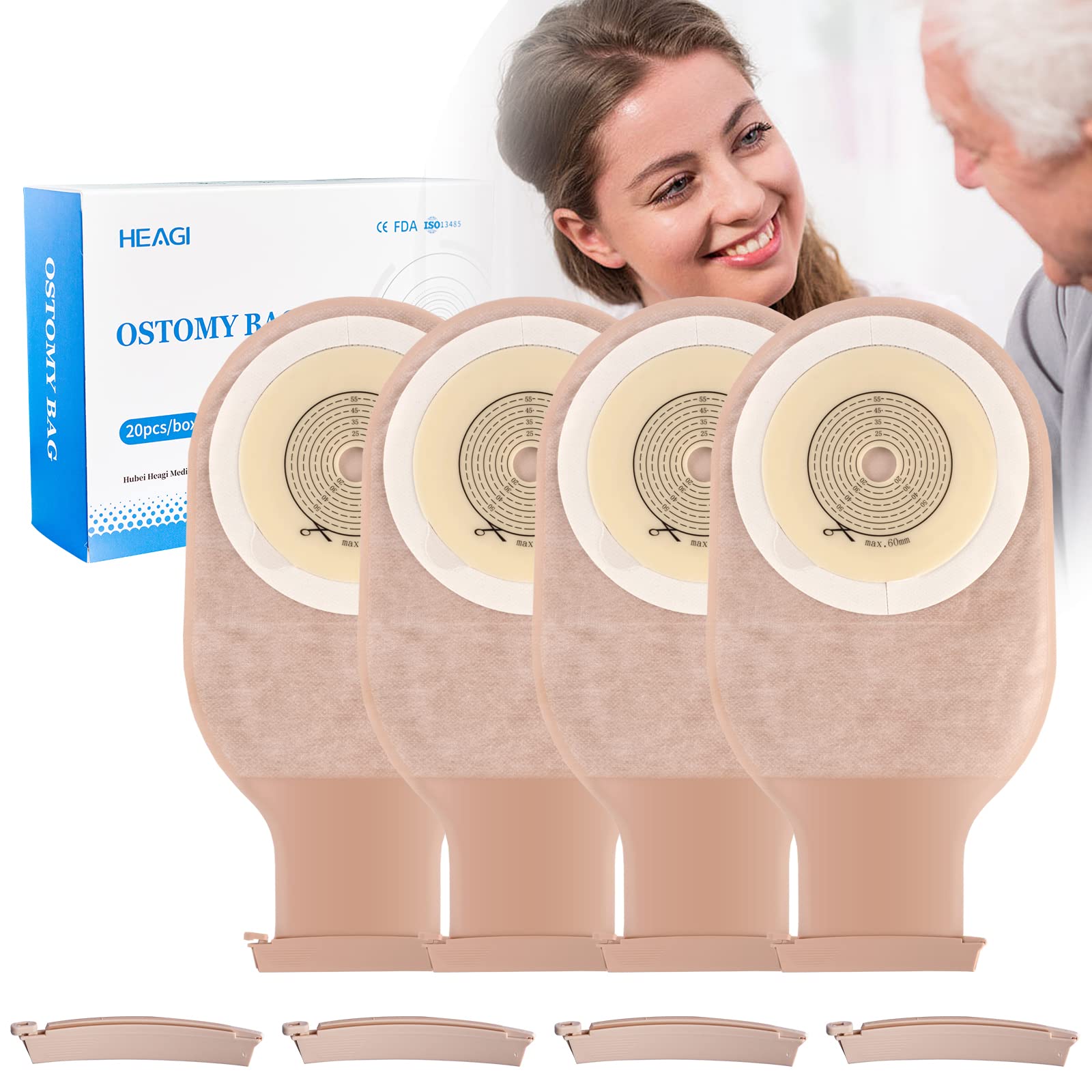 20 bolsas de colostomía de paquete, suministros de ostomía de bolsas de ostomía de una pieza, bolsas de drenaje cortadas de 15 mm-60 mm con cierre de abrazadera para el cuidado del estoma de ileostomía (incluyen 8 x abrazaderas)