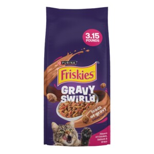 Purina Friskies Dry Cat Food Gravy Girl'd con sabores de pollo, salmón y salsa - 3,15 lb, bolsa | Tuloimportas.com