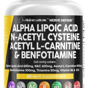 Ácido alfa lipoico (600 mg), N-acetilcisteína (600 mg), acetil L-carnitina (500 mg), benfotiamina (300 mg). Suplemento para el sistema nervioso en mujeres y hombres con vitaminas B1, B6 y B12. Fabricado en EE. UU. (90 cápsulas). | Tuloimportas.com