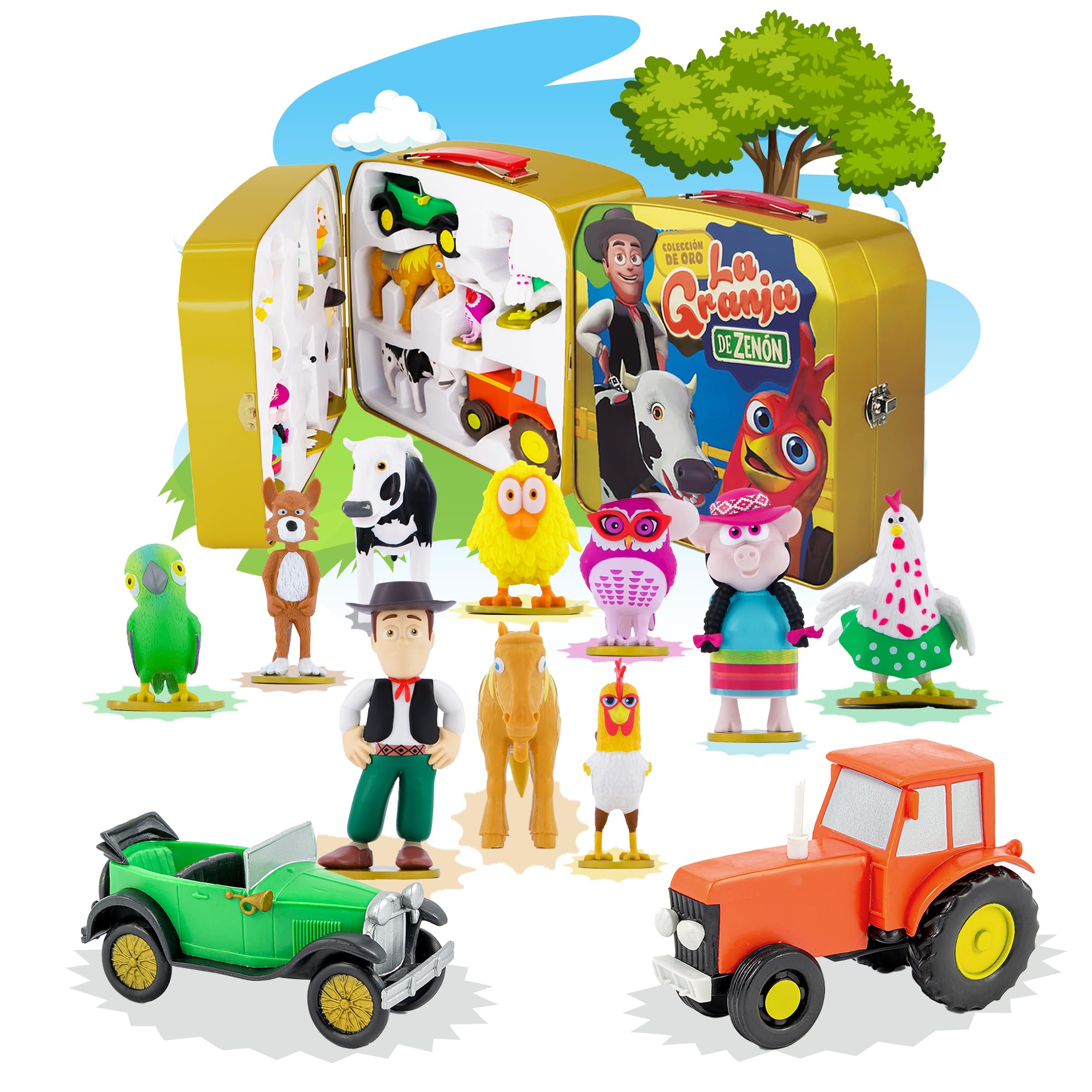 La Granja de Zenon, Set de Figuritas de Acción y Aventura para Niños, 12 Figuritas + Lonchera Edición Limitada Color Dorado | Zenón, Vaca Lola, Bartolito, Lorito Pepe y Mas