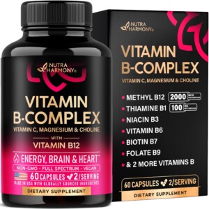 Complejo de vitamina B para hombres y mujeres. Riboflavina B2, B12, B1, B3, B5, B6, B7, B8, B9. Vitamina C. Colina. Inositol. Suplemento del complejo B. Energía. Apoyo para el cerebro y el corazón. Hecho en EE. UU. 60 cápsulas veganas. | Tuloimportas.com