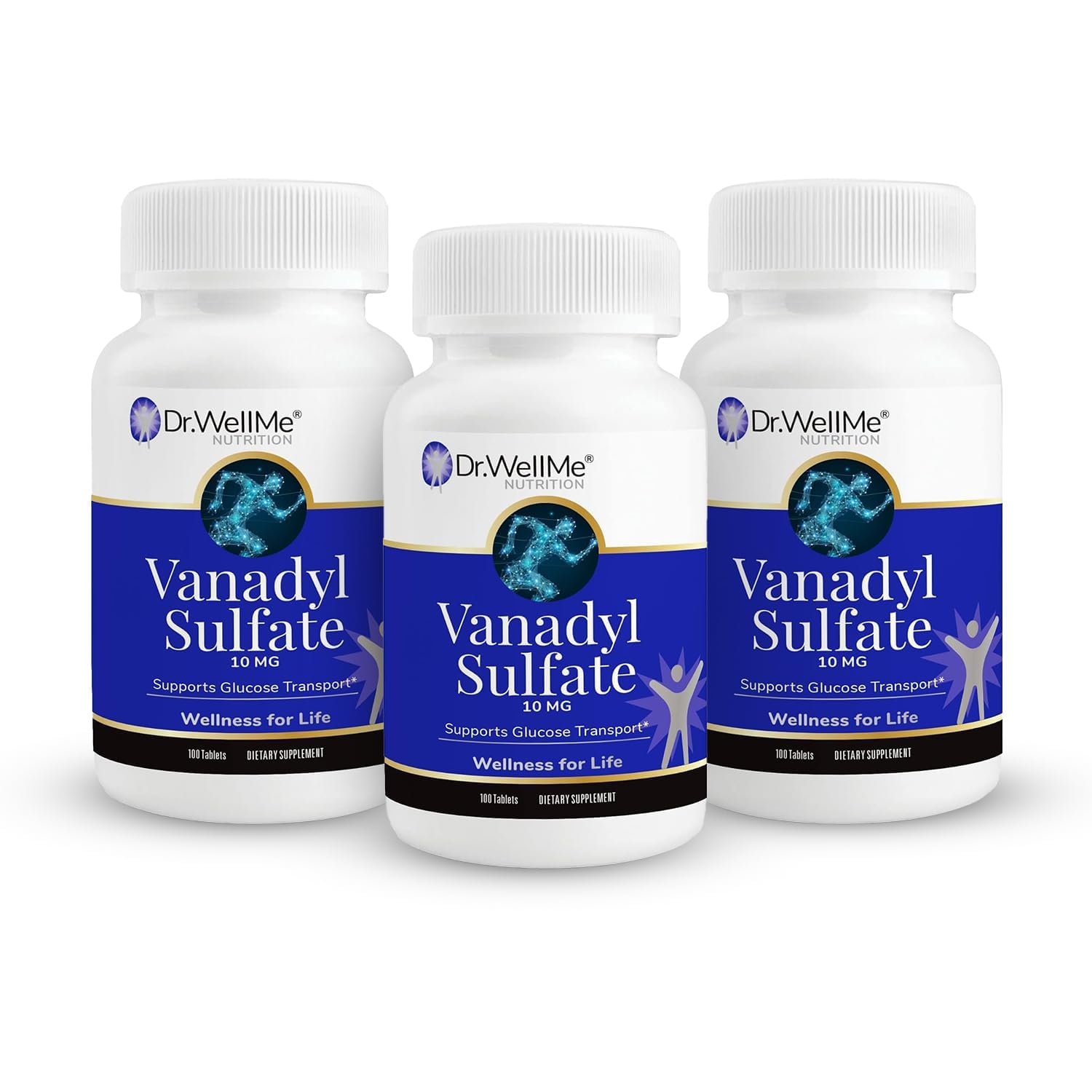 Dr, WellMe Vanadyl Sulfate 10mg – 100 tabletas Salud de la sangre, la glucosa y el metabolismo – Suplemento sin OGM y sin gluten para hombres y mujeres – Paquete de 3