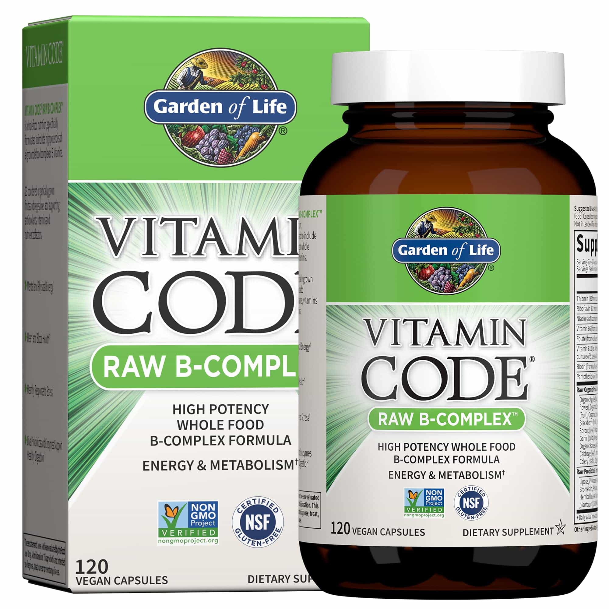 Complejo de vitamina B Garden of Life, 120 cápsulas veganas, vitaminas de alta potencia para energía y metabolismo con B6, folato y B12 como metilcobalamina más probióticos