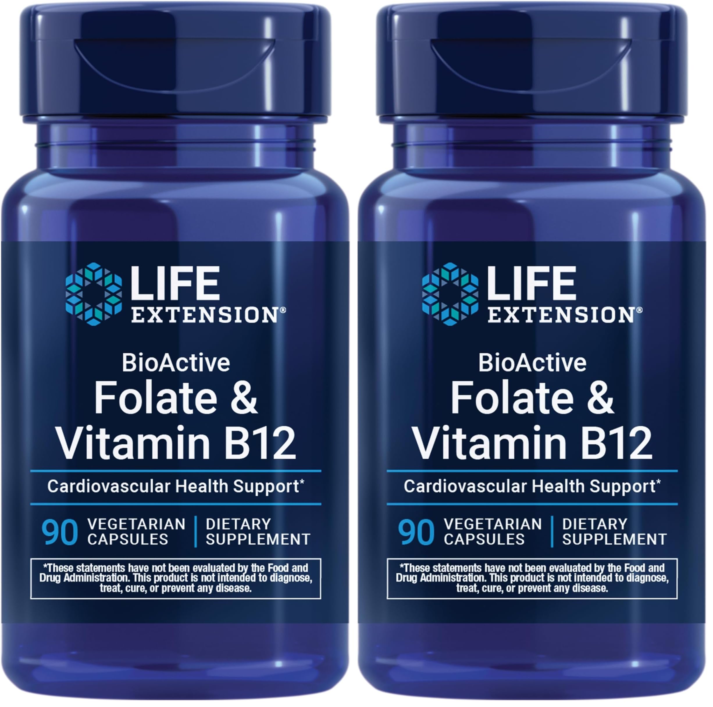 Life Extension Folato bioactivo y vitamina B12, promueve la salud del corazón, el cerebro y el tracto gastrointestinal, sin OGM, sin gluten, vegetariano, 90 cápsulas, (paquete de 2)