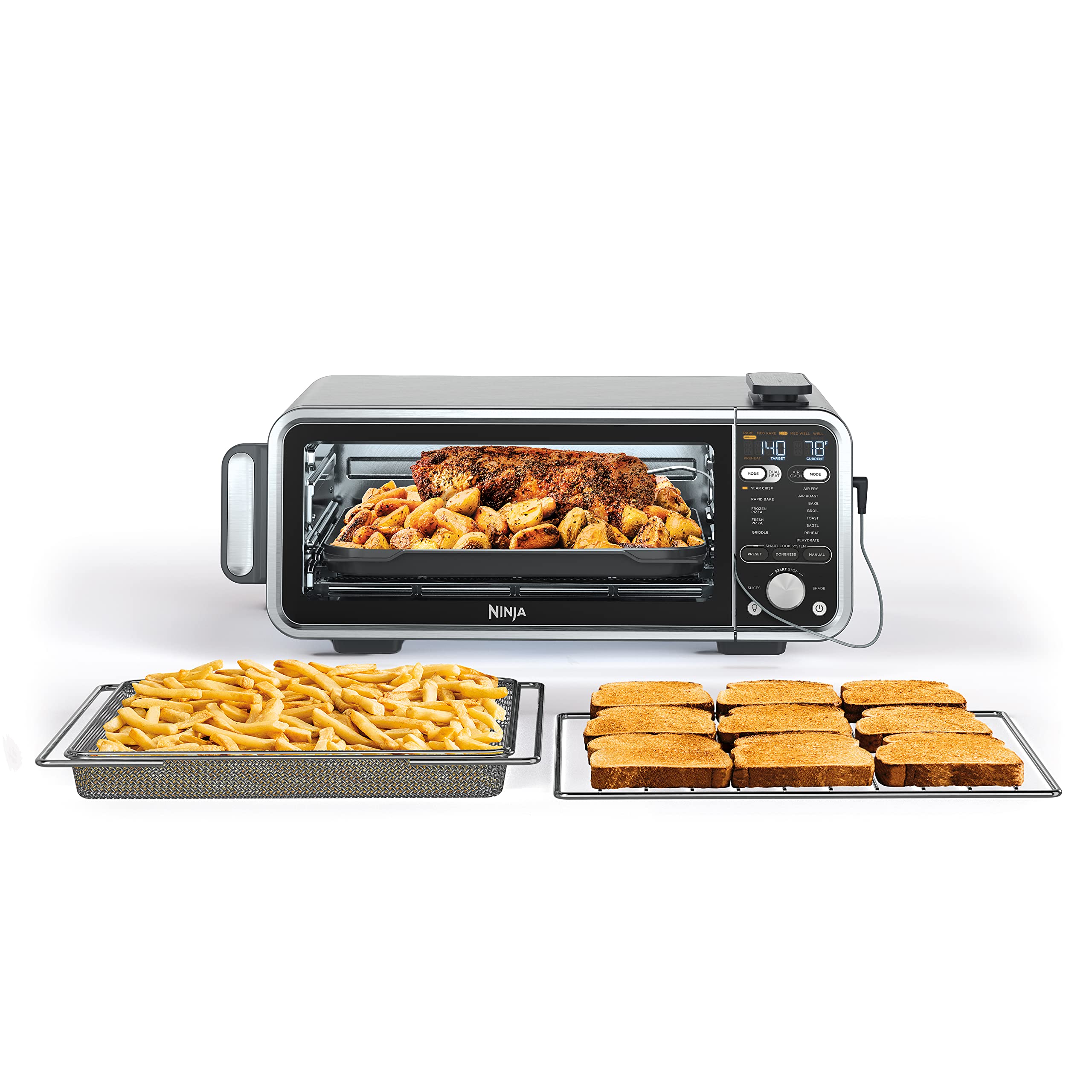 Ninja, horno tostador, freidora de aire, termómetro, combo de freidora de aire con horno tostador, acero inoxidable, comidas rápidas, papas fritas, alimentos congelados, freír al aire, deshidratar, recalentar, 13 en 1, menos aceite, horno abatible, Foodi, SP351