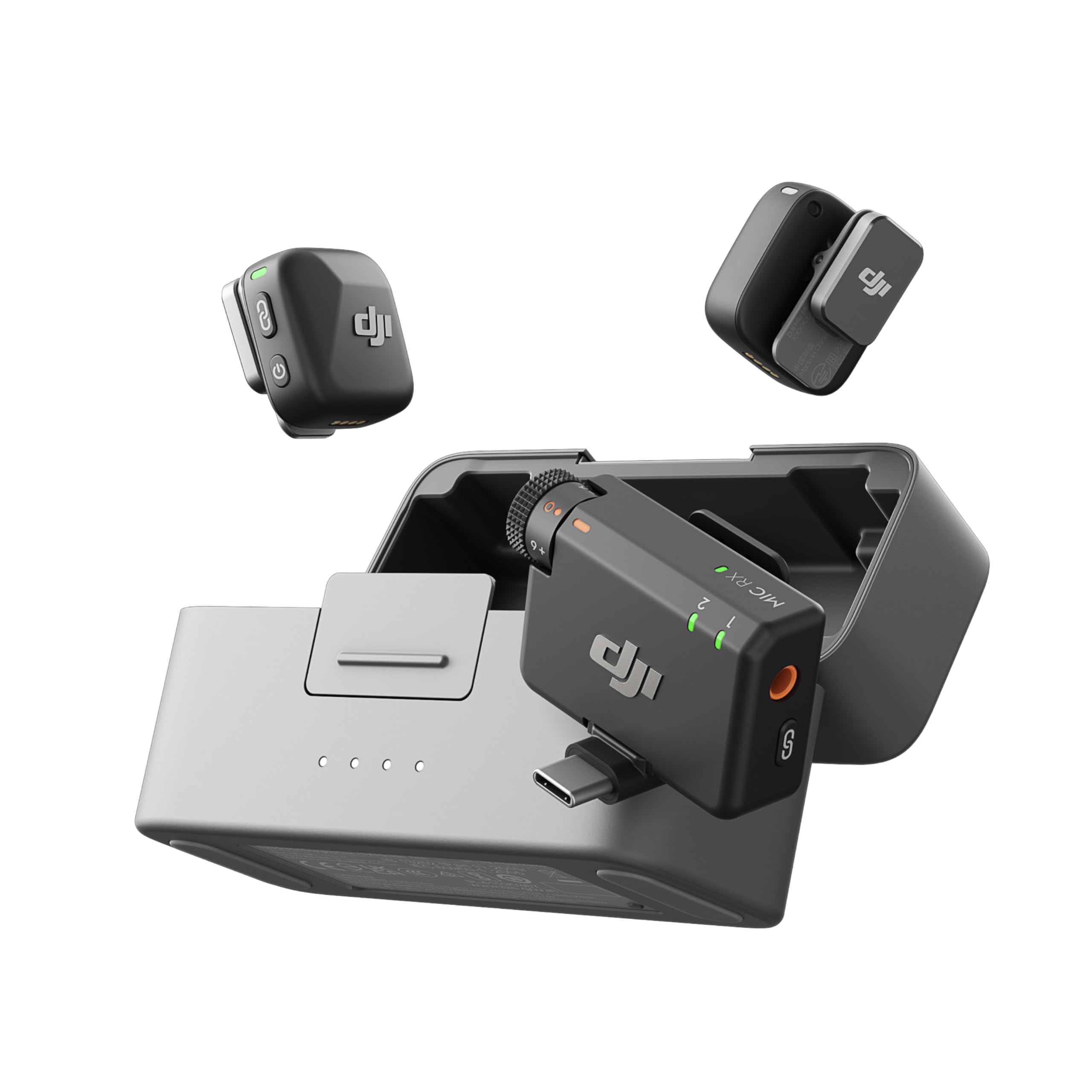 DJI Mic Mini (2 TX + 1 RX + Estuche de Carga), Micrófono Lavalier Inalámbrico para iPhone/Cámara/Android, Ultraligero, Audio Rico en Detalles, Uso 48h, Cancelación de Ruido, Limitación Automática, Vlog, Streaming