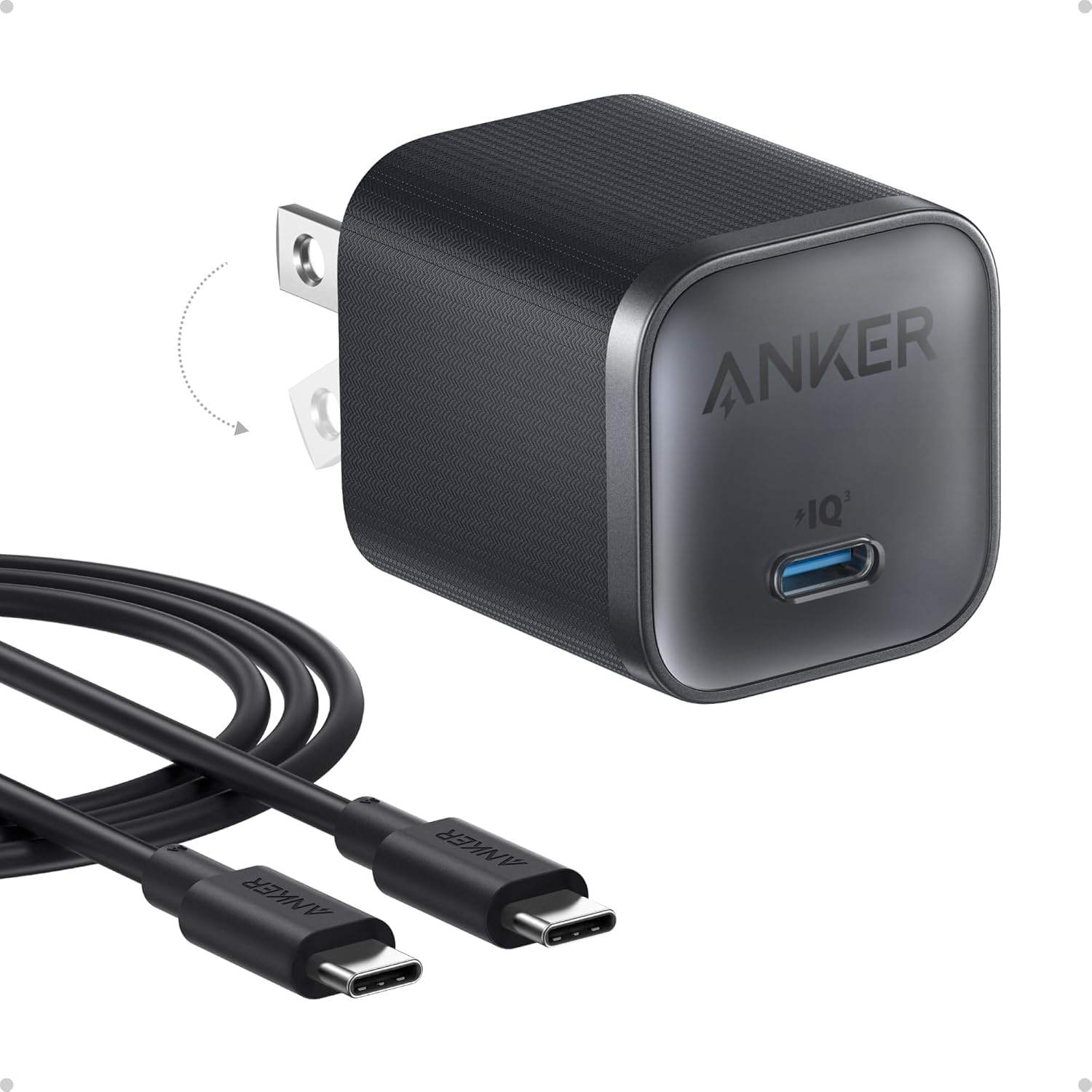 Anker Nano Charger, carga rápida de 45 W, bloque de cargador USB C con enchufe compacto y plegable para iPhone 17 Series, MacBook, Pixel 9, iPad, Samsung Galaxy S25 Ultra / S24 Series (cable de 6 pies incluido)