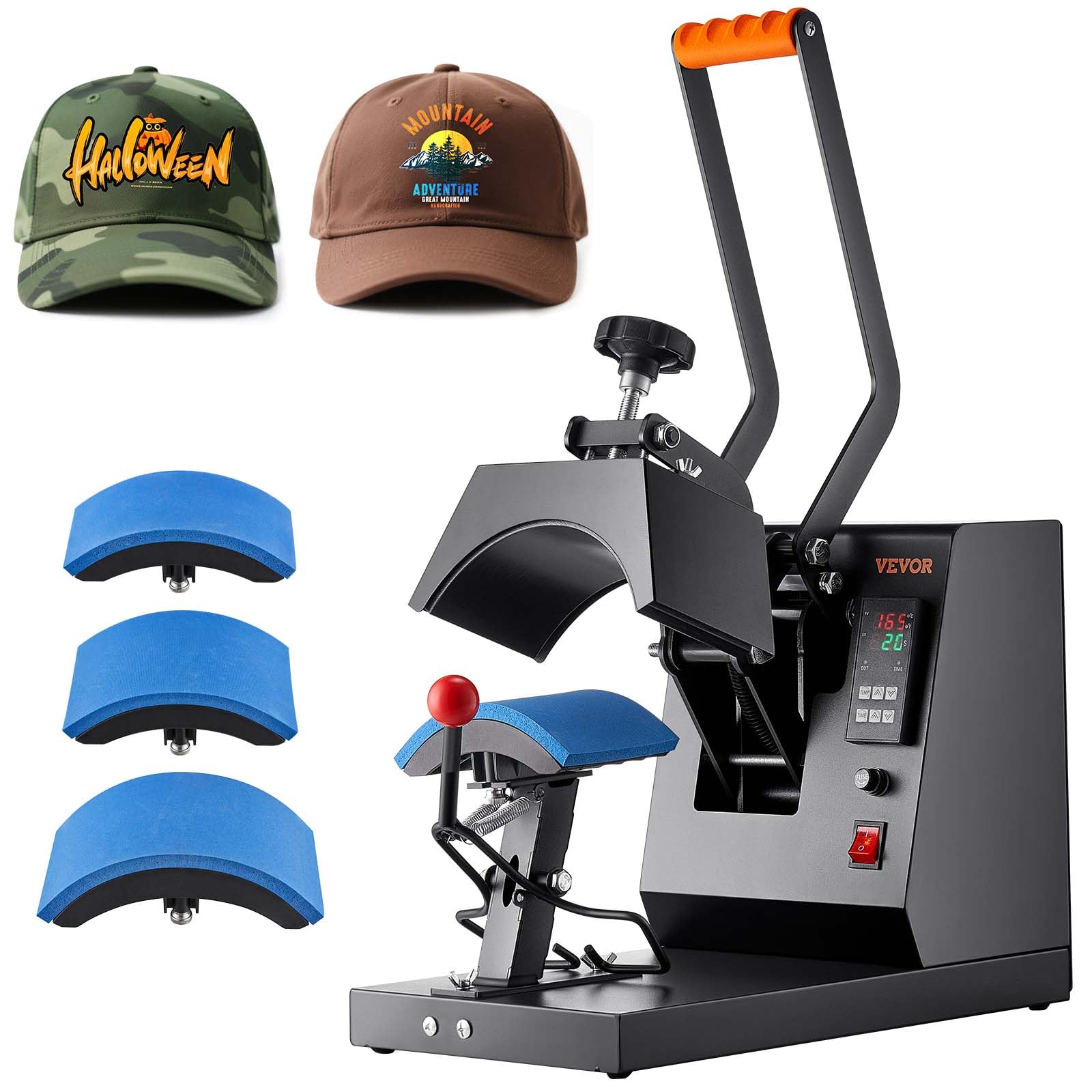 VEVOR Máquina de prensa de calor 4 en 1 para sombreros con placa de calor curvada recubierta de teflón de 6 x 3 pulgadas, base antideslizante de fácil control de temperatura, cuatro elementos reemplazables 6 x 3/6,7 x 2,7/6,7 x 3,8/8,1 x 3,5 pulgadas