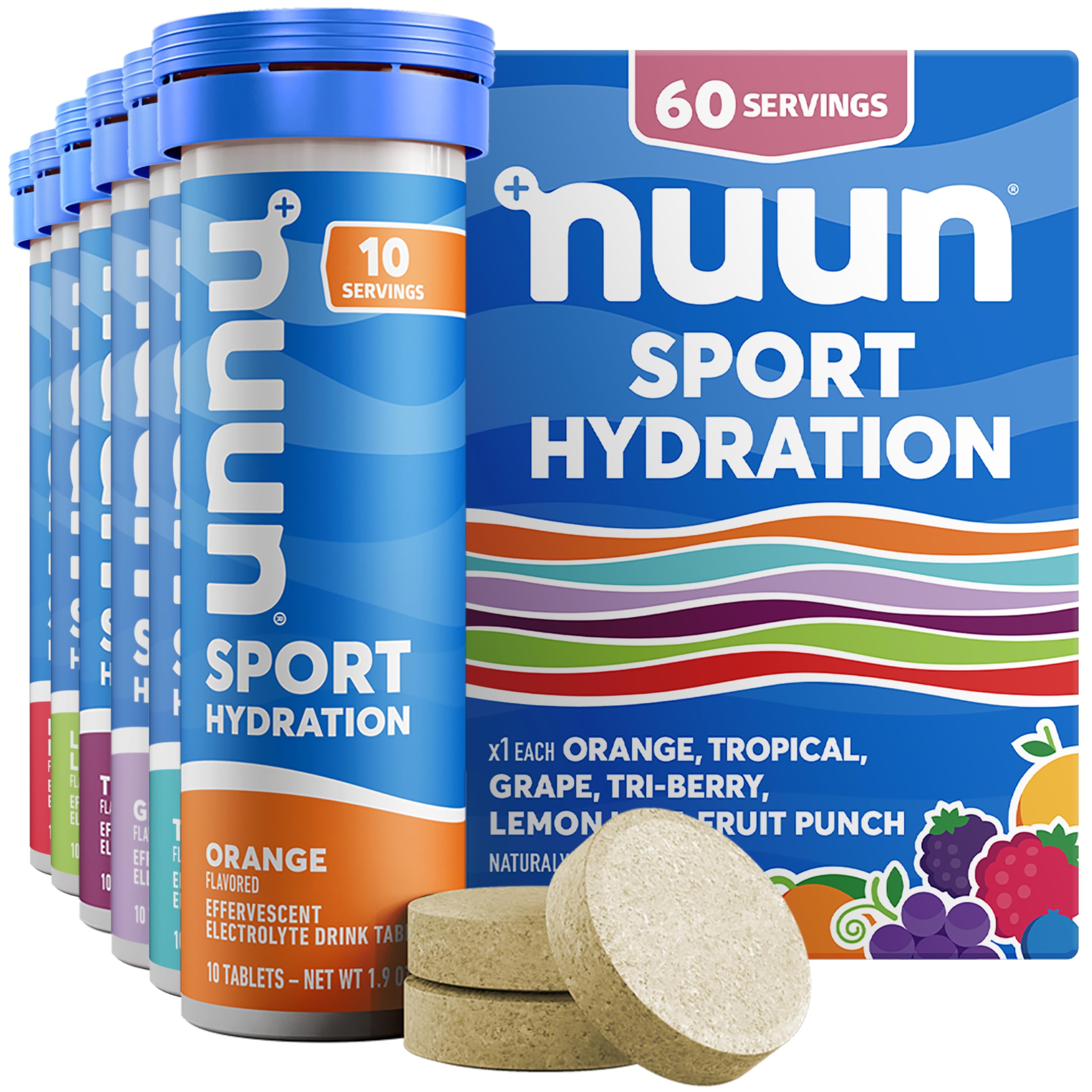 Tabletas de electrolitos Nuun Sport con magnesio, calcio, potasio, cloruro y sodio, sin gluten y veganas, sabores mixtos, paquete de 6 (60 porciones en total)