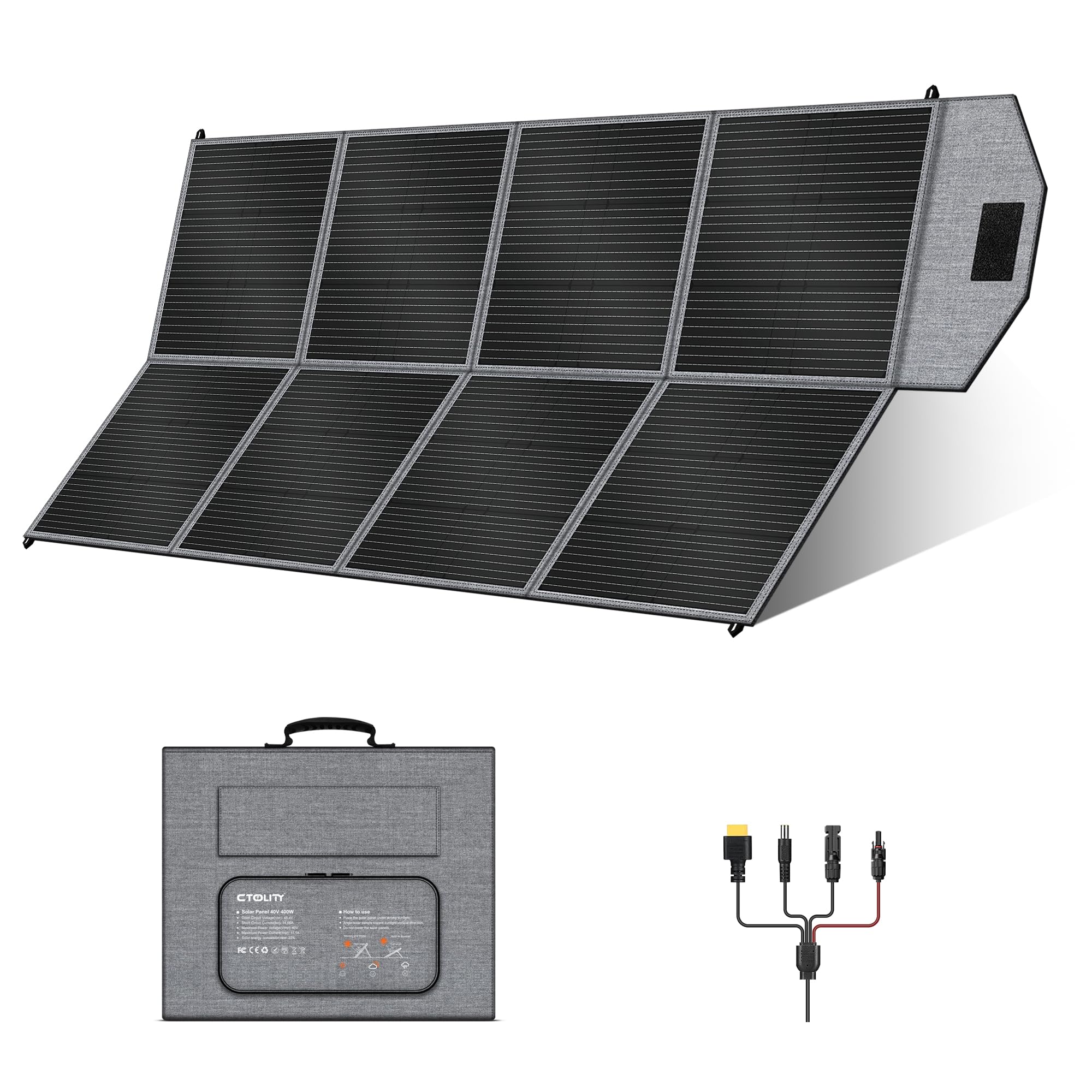 Panel solar portátil de 400 W, Camping Essentials, cargador de paneles solares plegable con soporte ajustable IP65 resistente al agua para estación de energía al aire libre RV cámara fuera de la red senderismo respaldo de energía de emergencia