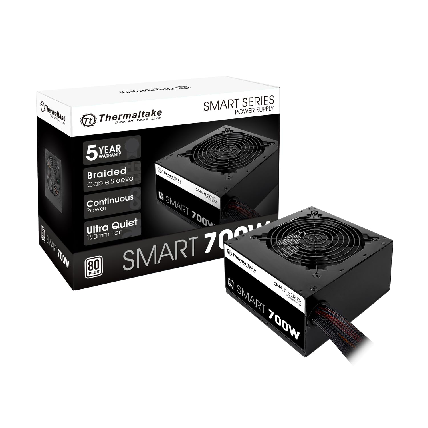 Fuente de alimentación certificada Thermaltake Smart 700W 80+ blanca, potencia continua con ventilador ultra silencioso de 120 mm, fuente de alimentación ATX 12V V2,3/EPS 12V PFC activo PS-SPD-0700NPCWUS-W
