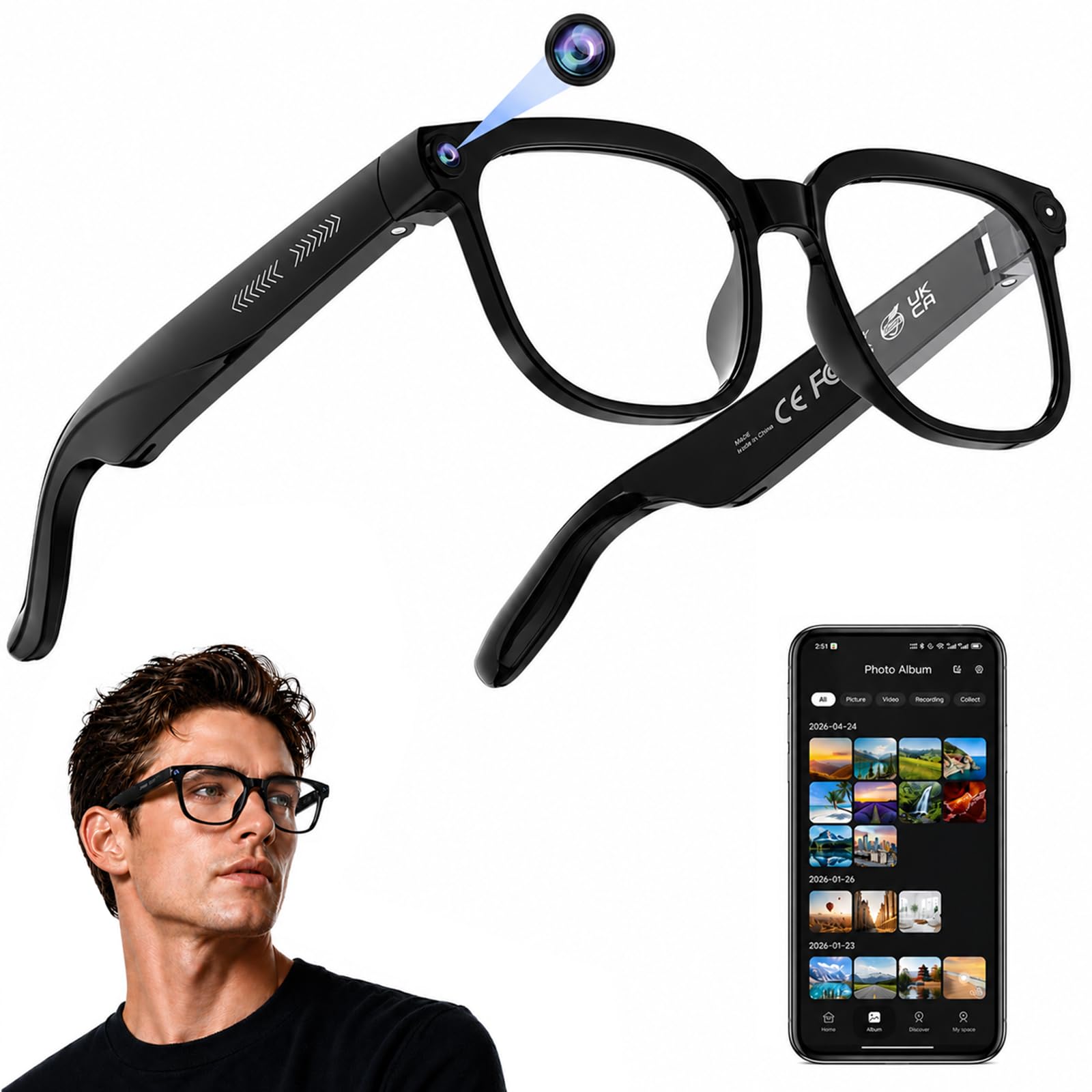 Gafas inteligentes AI con cámara, captura de vídeo y fotos 4K HD, traducción en tiempo real, gafas de grabación con asistente AI, audio de oído abierto, reconocimiento de objetos, Bluetooth, para viajes (lente transparente)