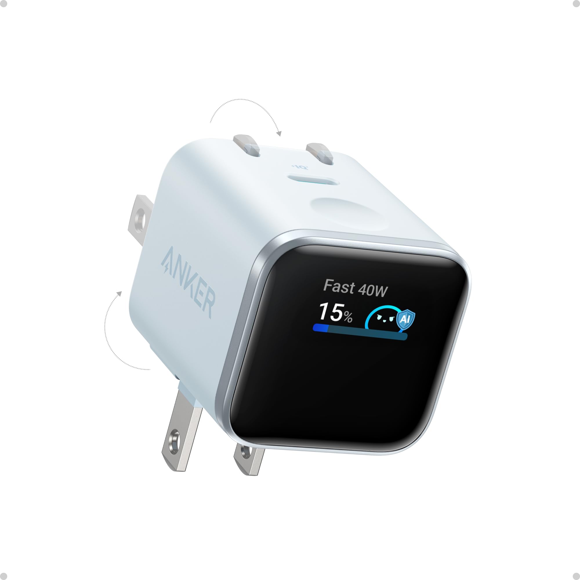 Cargador de pantalla inteligente Anker, bloque de cargador Anker Nano USB C, cargador de teléfono GaN máximo de 45 W, enchufe plegable de 180°, reconocimiento inteligente, modo de cuidado integrado, para iPhone17/16/15 (sin batería, un puerto USB-C, sin cable)