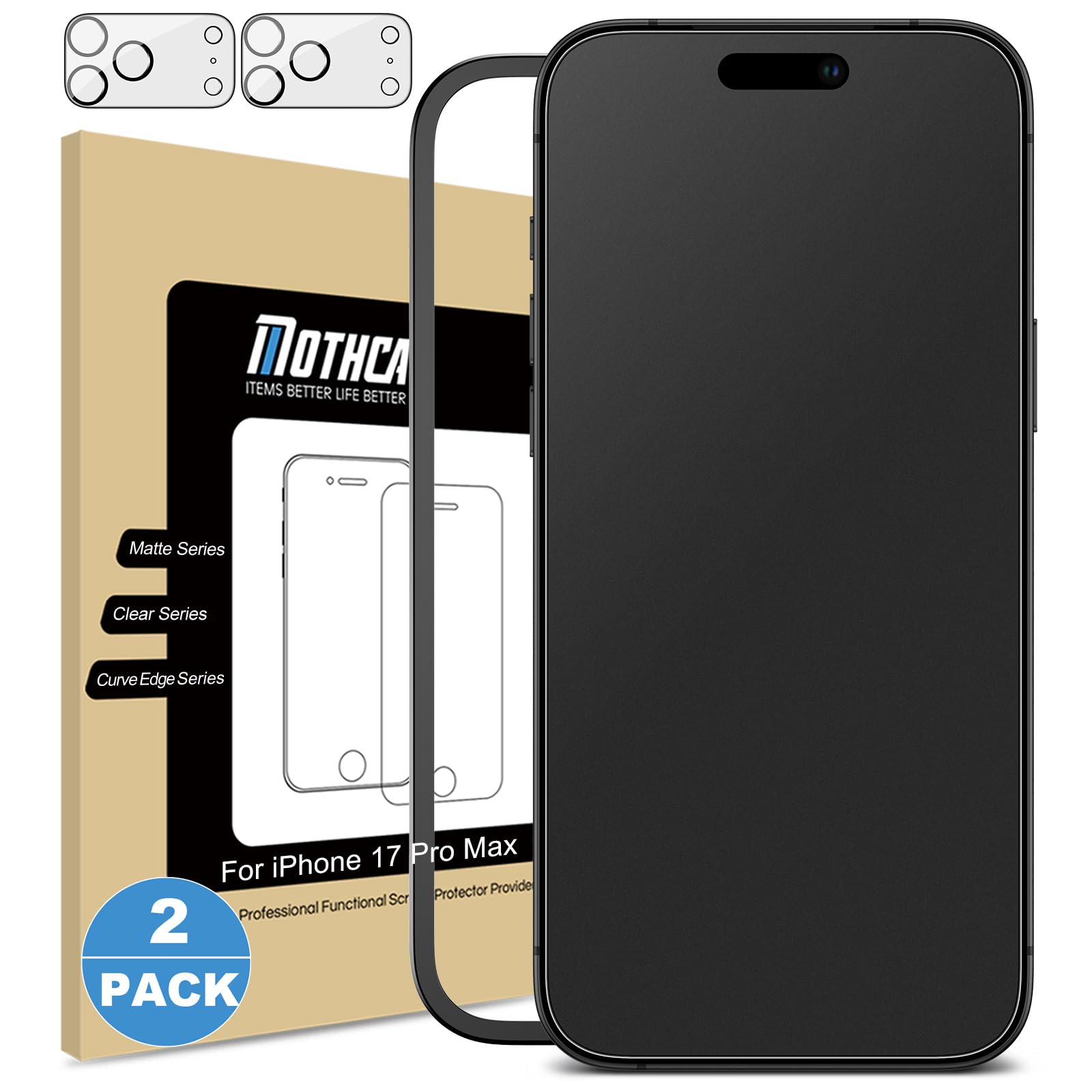 Mothca Paquete de 2 protectores de pantalla de vidrio mate para iPhone 17 Pro Max [6,9 pulgadas] + paquete de 2 protectores de lente de cámara, antideslumbrante y antihuellas (no película de privacidad) vidrio templado, sin burbujas, suave como la seda