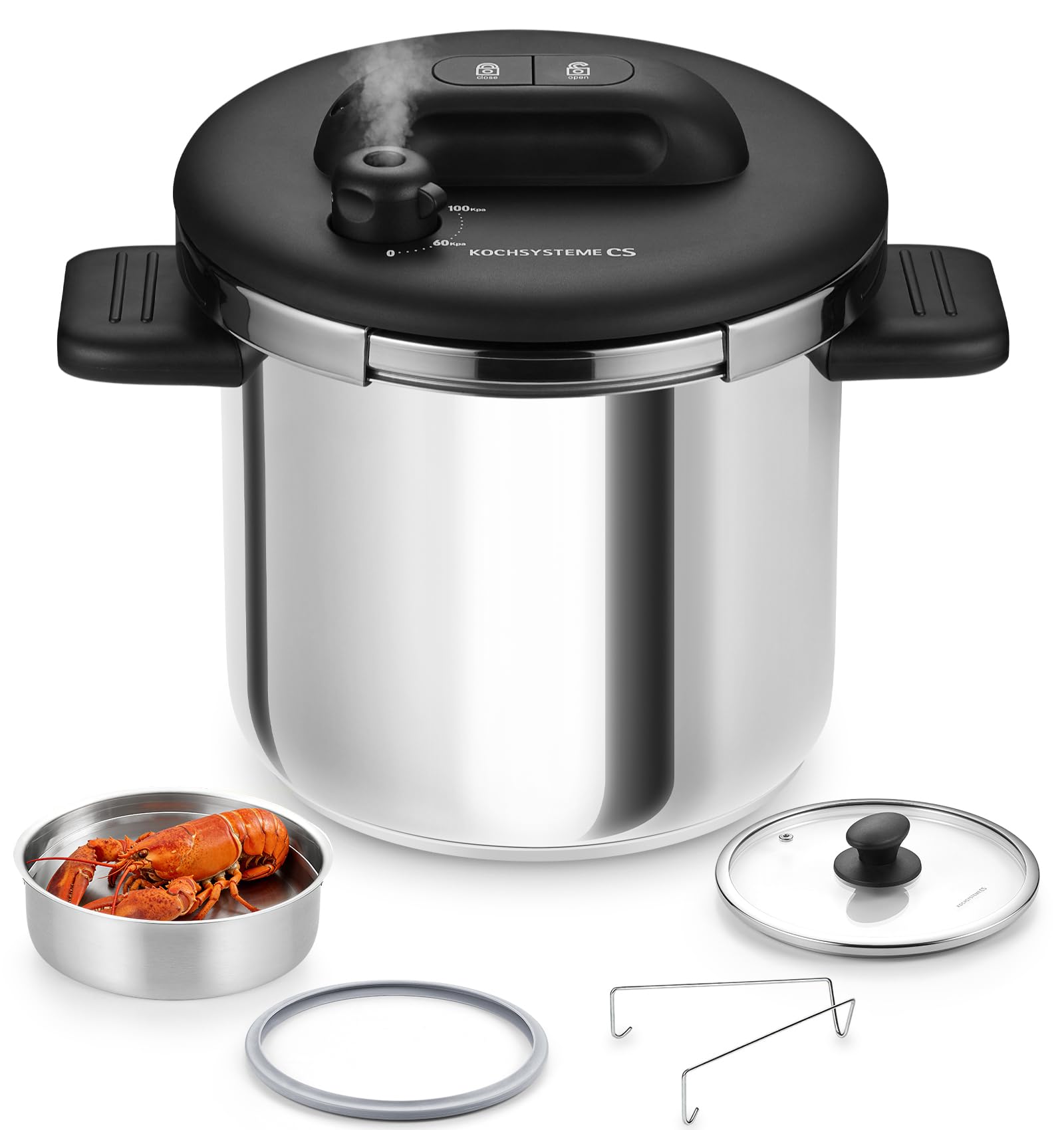 Olla a presión de acero inoxidable KOCH SYSTEME CS 8,5QT, olla de presión, olla a presión de acero inoxidable 18/10, cierre fácil con una sola pulsación, ollas a presión para estufa, lista para inducción, tapa de vidrio y vaporizador