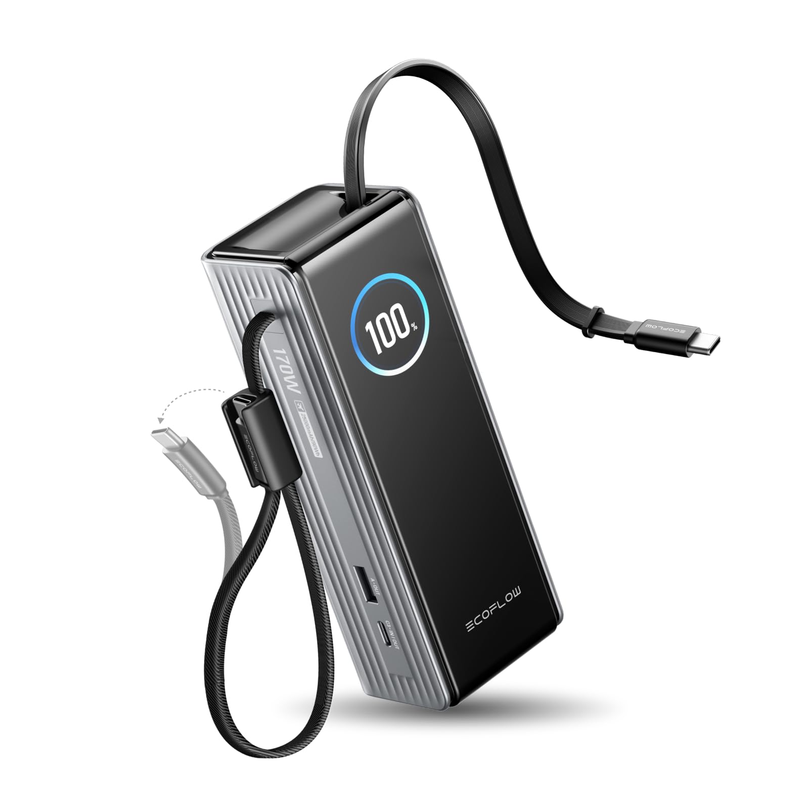 EF ECOFLOW Power Bank para computadora portátil, cargador portátil rápido de 25000 mAh, puertos USB-C triples de 100 W, cables retráctiles incorporados, carga rápida para iPhone 17/16 Series, MacBook, Samsung y más