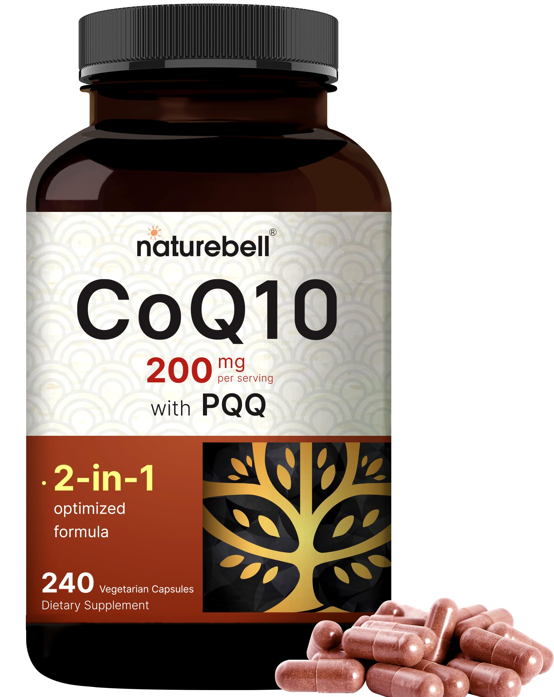 NatureBell CoQ10 200 mg con PQQ, 240 cápsulas vegetales | Forma estable de alta absorción – Apoyo antioxidante para la salud del corazón y la energía – Suplemento extra fuerte de coenzima Q10