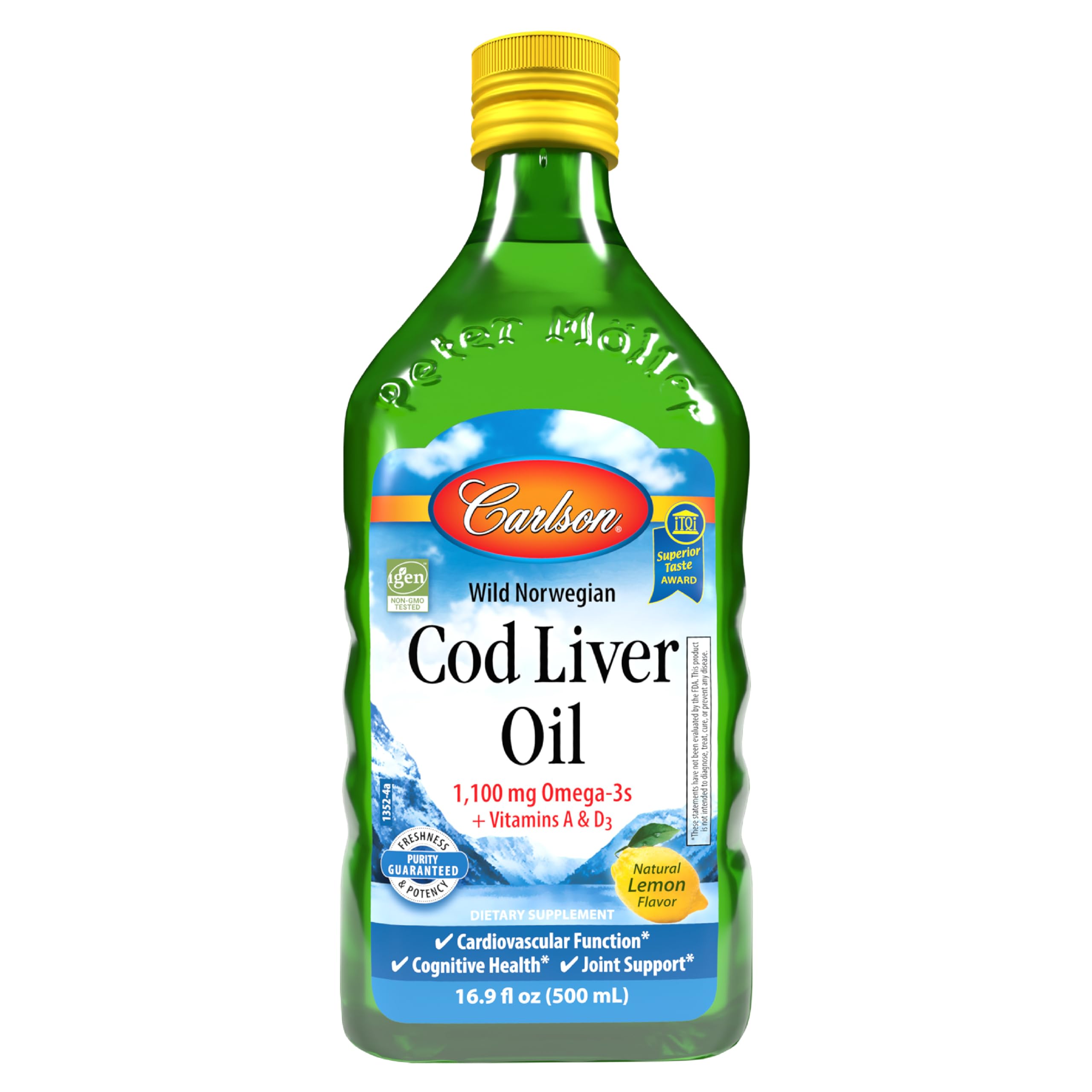 Carlson - Aceite de hígado de bacalao 1100 mg Omega-3 más vitaminas A y D3, Ártico noruego capturado en la naturaleza, aceite de pescado nórdico líquido de origen sostenible, limón, 500 ml (16,9 fl oz)