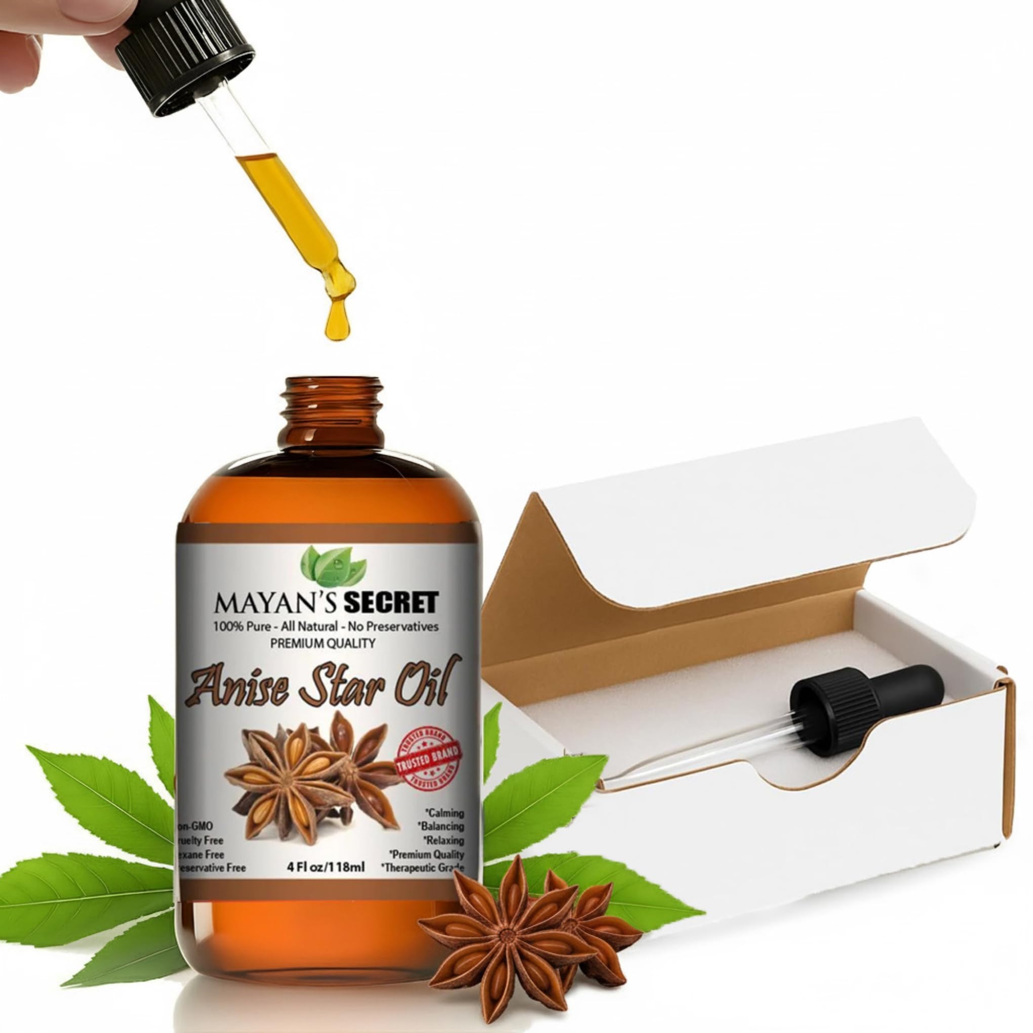Aceite esencial de extracto de anís estrellado de Mayan's Secret, destilado al vapor, 100% puro sin diluir para hornear, cocinar, aromatizar, aromaterapia y recetas de bricolaje, y aceite de anís puro para hornear, 4 oz - botella ámbar