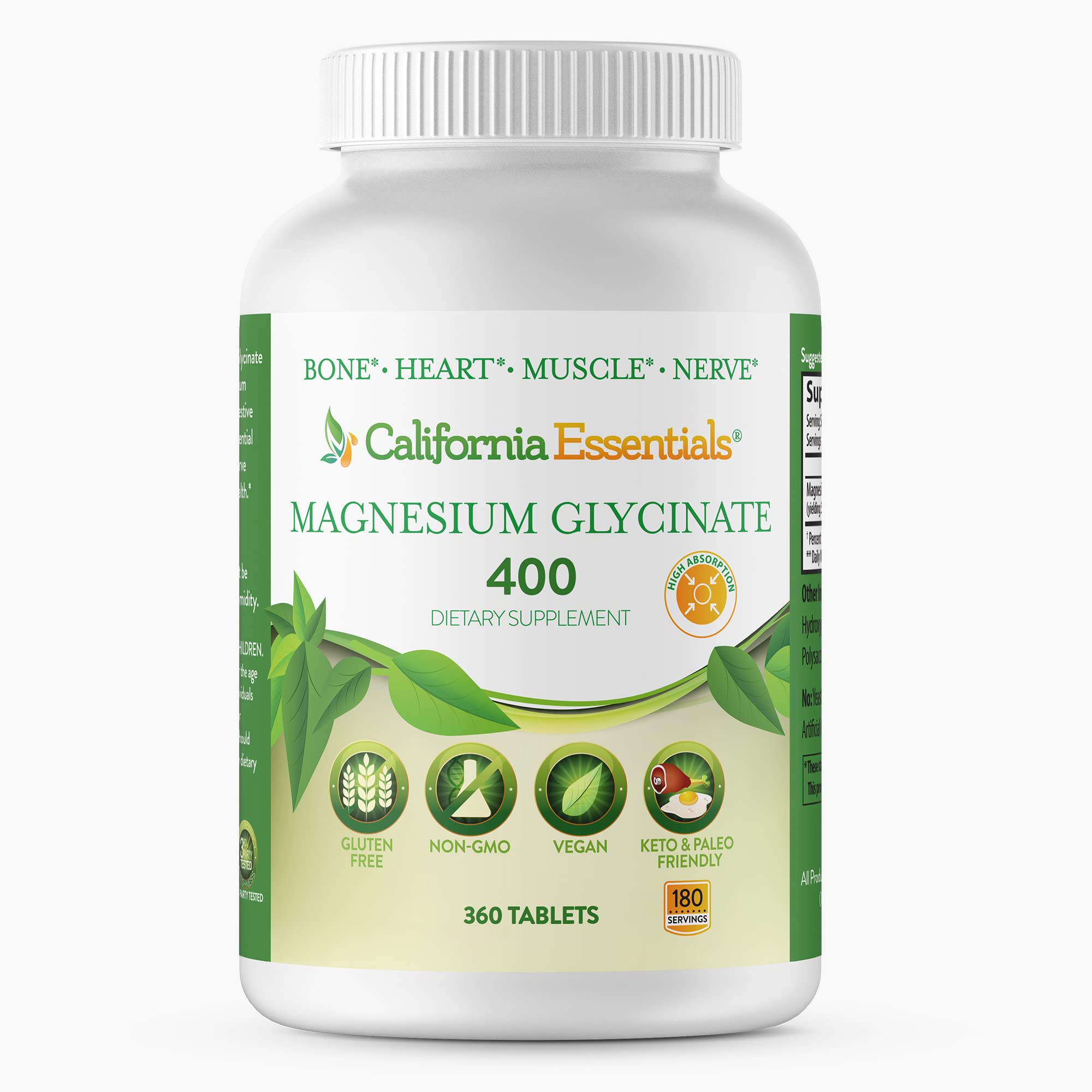 California Essentials Glicinato de magnesio 400 - Magnesio elemental quelado de alta absorción para alivio muscular, apoyo óseo y cardíaco - Vegano, sin OGM, sin gluten (360 unidades (paquete de 1))