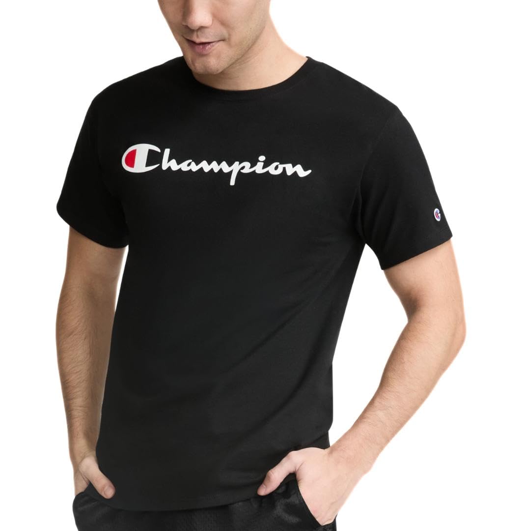 Champion Camiseta gráfica de manga corta para hombre, ajuste estándar, logotipo clásico de escritura, peso medio 100% algodón, disponible en regular y grande y alto, negro, mediano