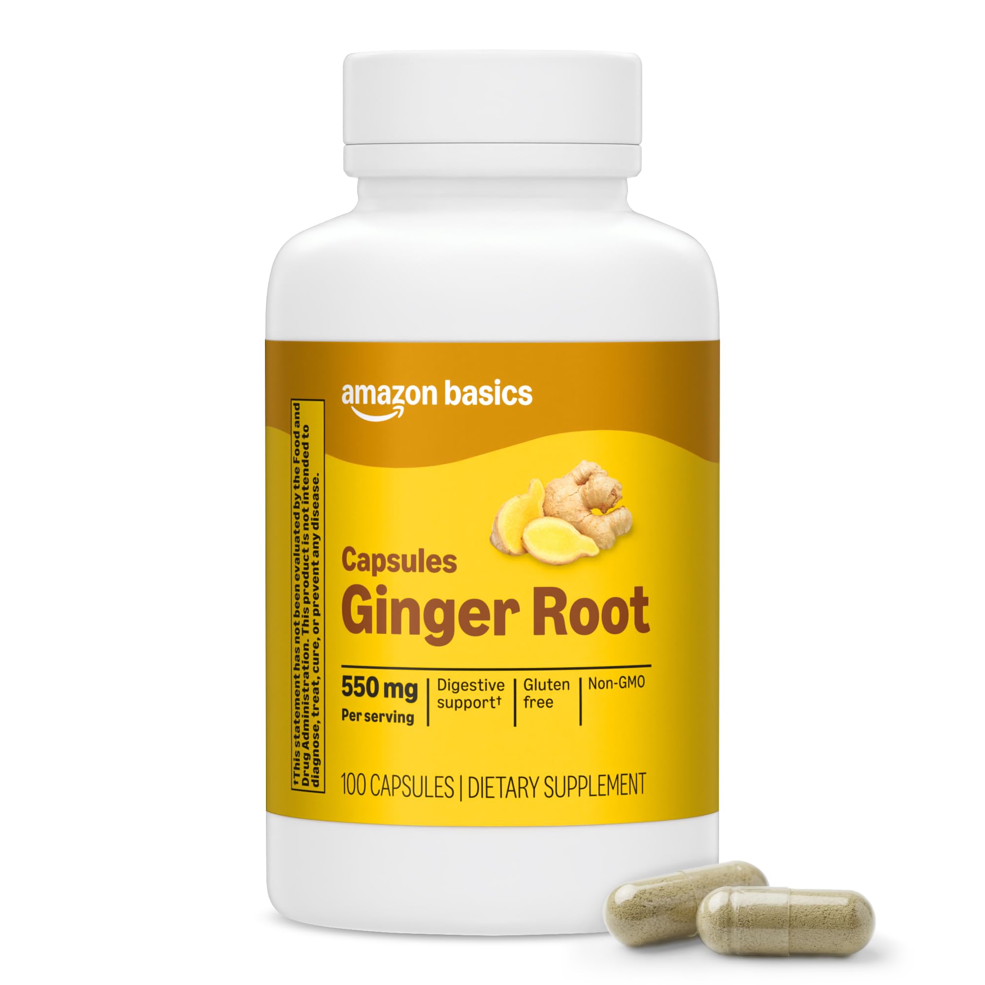 Amazon Basics Cápsulas de raíz de jengibre, 550 mg, 100 unidades
