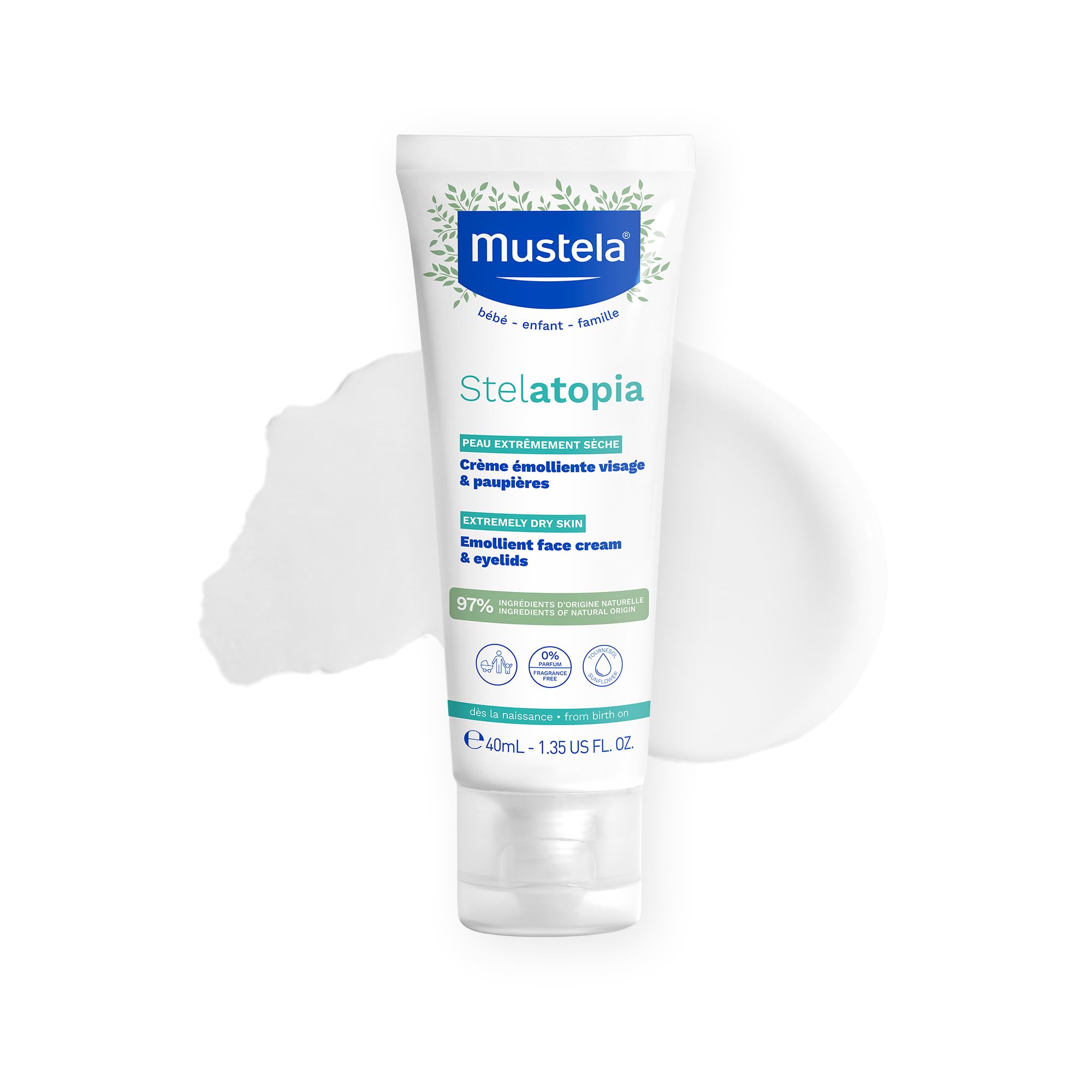 Mustela Stelatopia Crema facial emoliente para la piel propensa al eccema - Hidratante facial con aguacate natural y aceite de girasol - Sin fragancia - 1,35 fl, oz,
